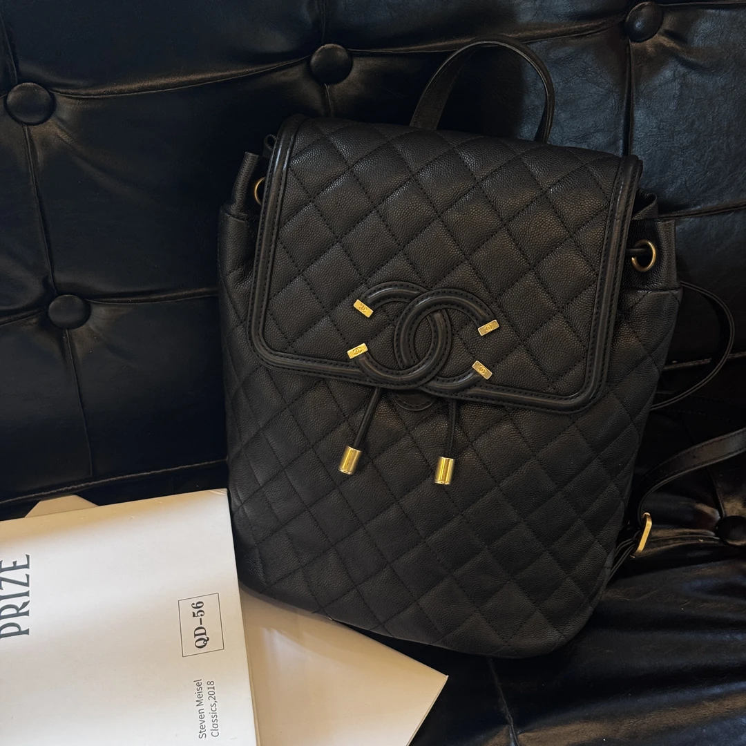 99新 Chanel/香奈儿 Vanity case黑金荔枝双肩包 25开