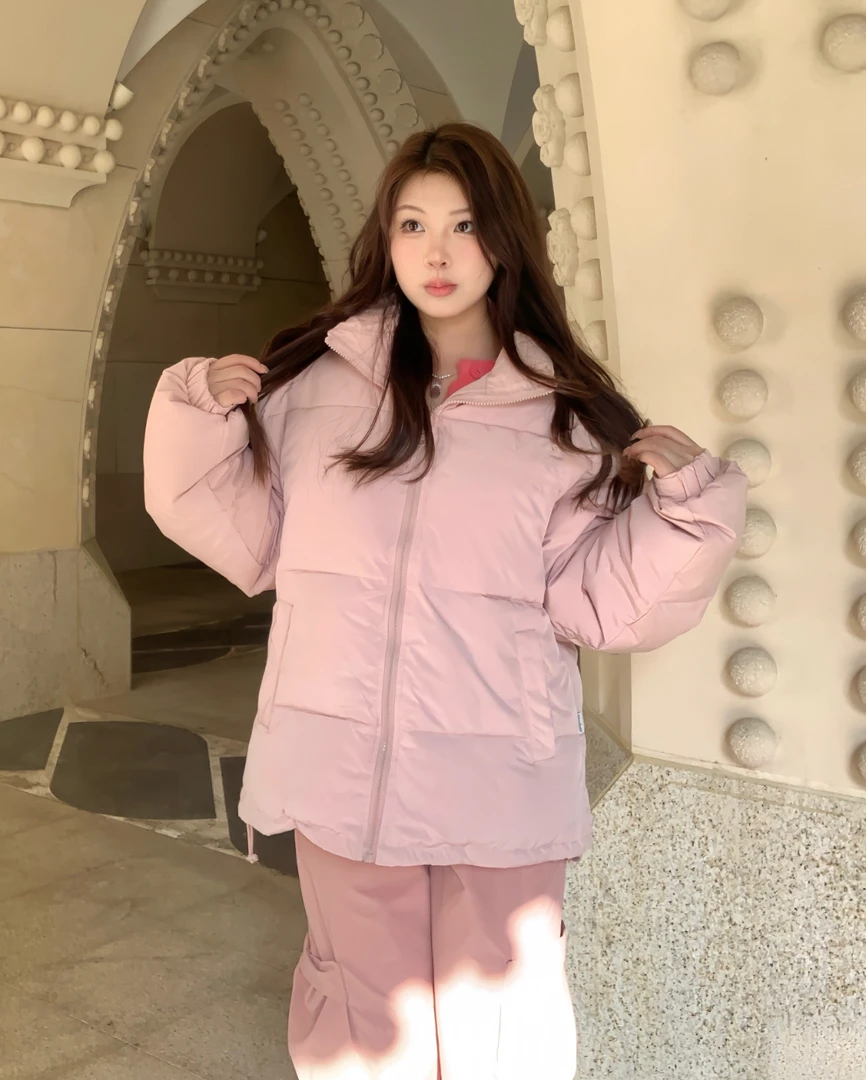 炉丝同款涂鸦刺绣网格肌理撞色立领保暖棉服 男女同款