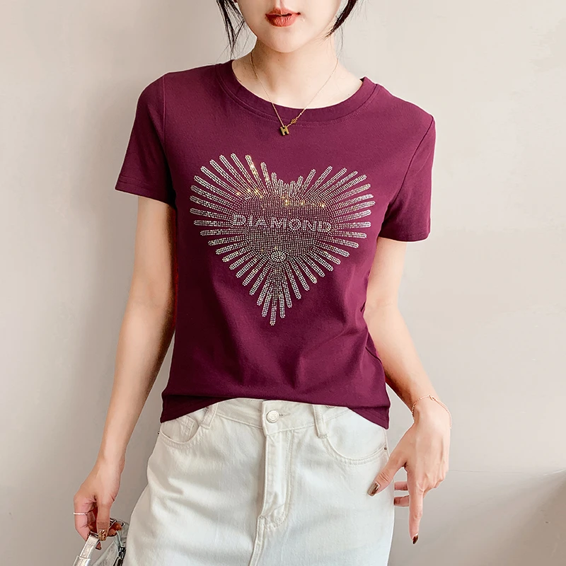 重工亮闪闪烫钻短袖t恤女夏2025爆款正肩上衣设计感洋气漂亮小衫