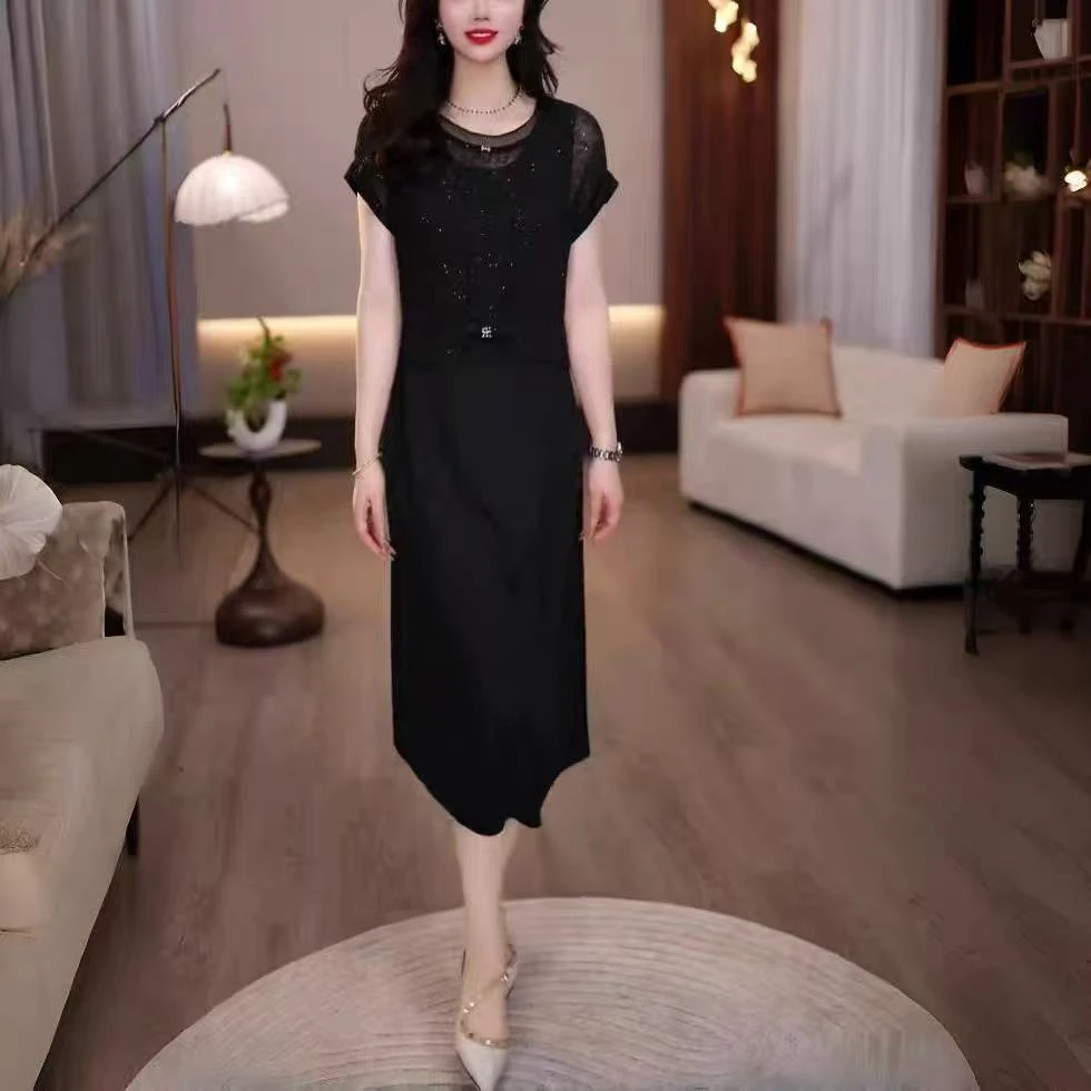 A583 夏新款时尚法式气质显瘦薄款短袖罩衫无袖连衣裙两件套套裙