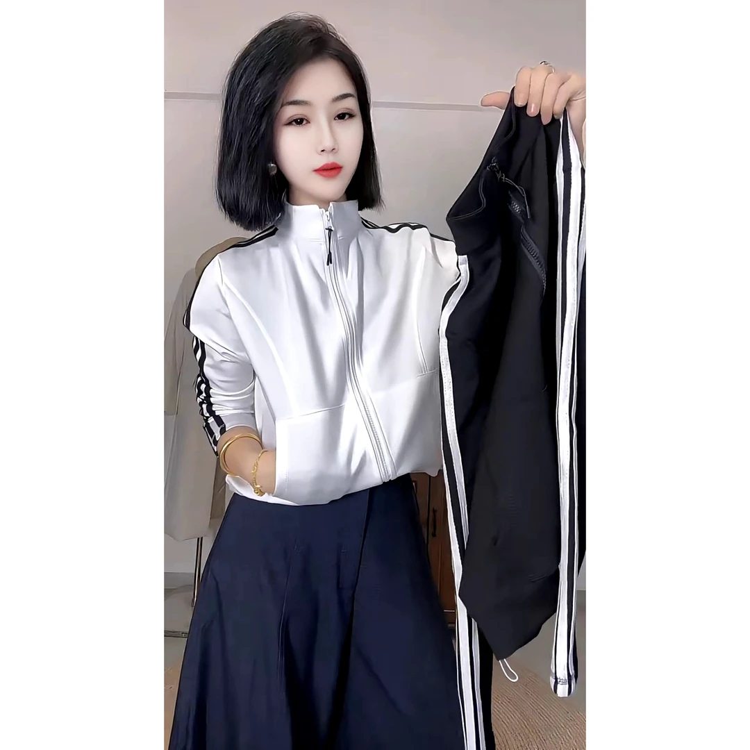 欧货时尚休闲立领三道织带杠减龄女外套