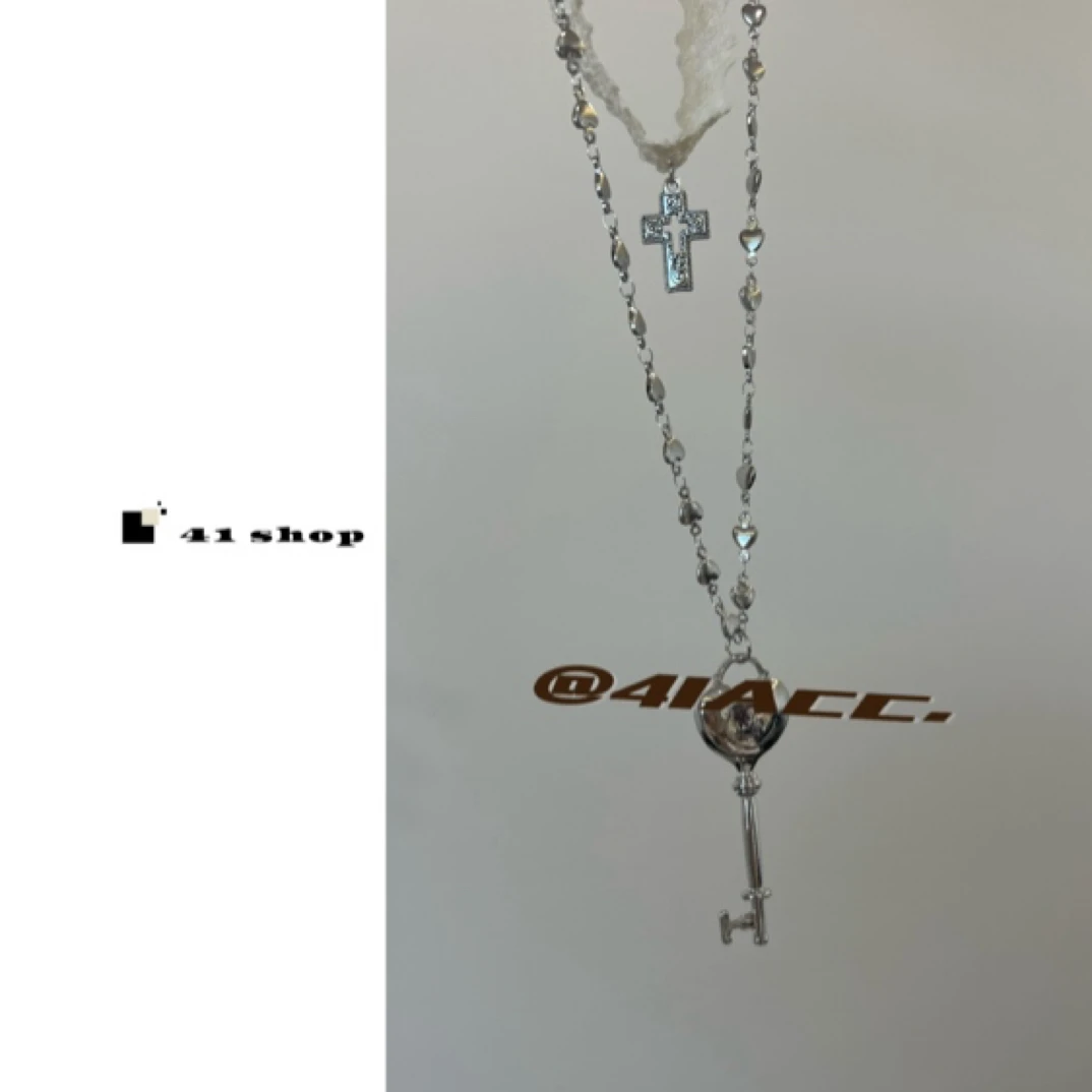 铜合金布艺项链 A572 白色蕾丝双层十字钥匙项链