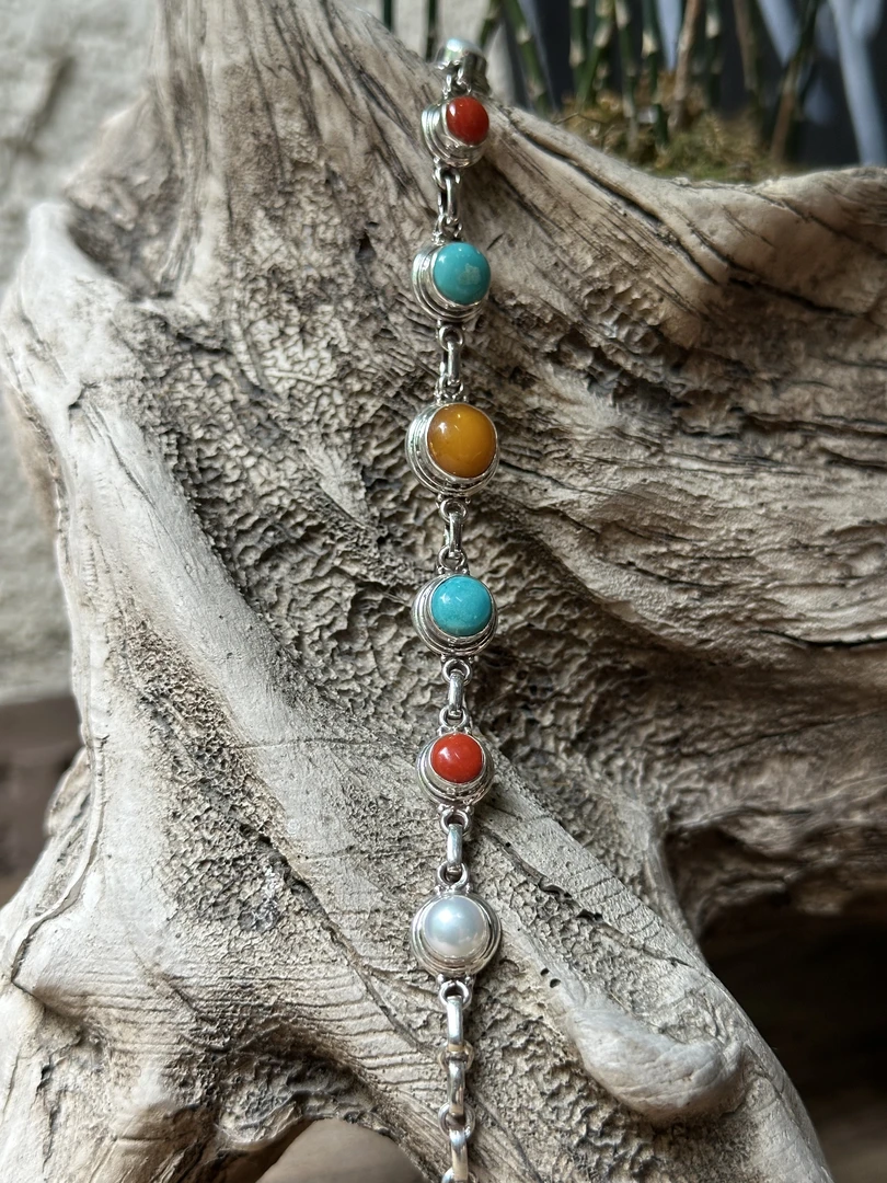 925银手链 藏式复古七彩多宝个性手链