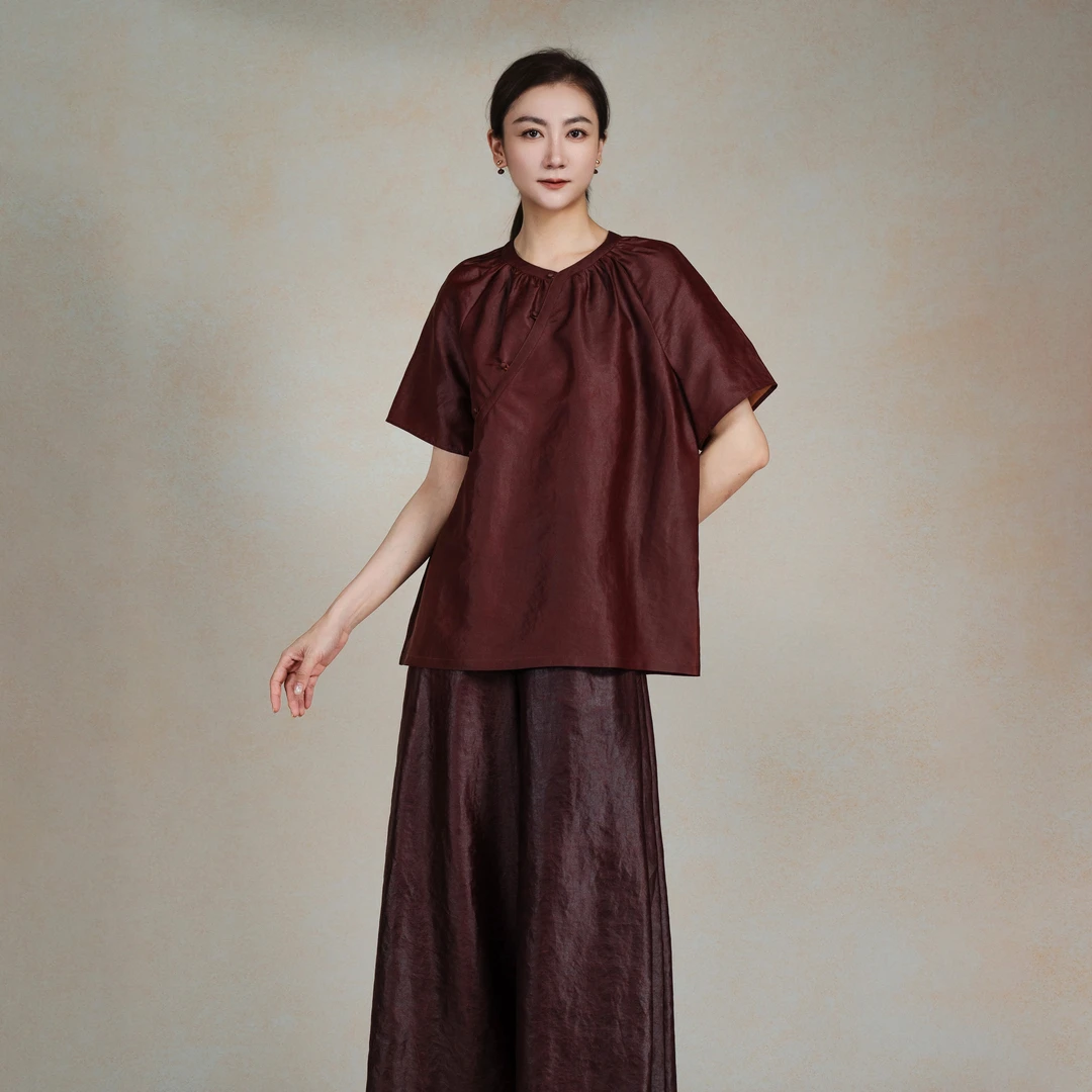 【栖香锦】红云纱 平板  设计师款 新中式 国风 抓褶 短袖上衣