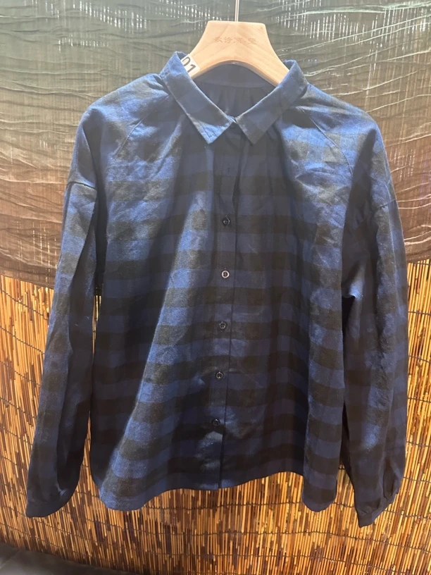 2025春季新款格子长袖衬衫休闲复古宽松百搭棉麻日系衬衣