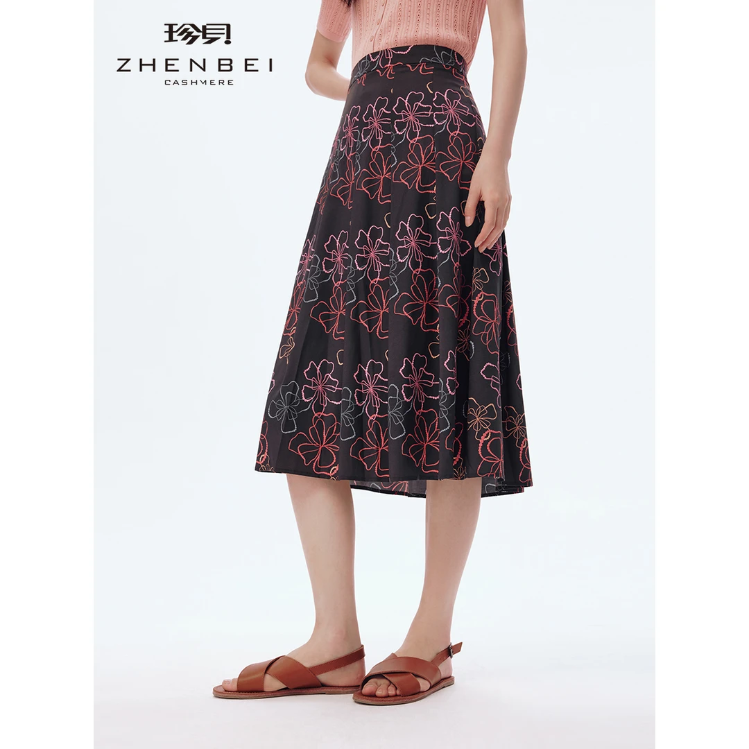 ZB/珍贝25夏季新款真*半身裙印花拉链腰桑蚕丝中长款A字裙37649