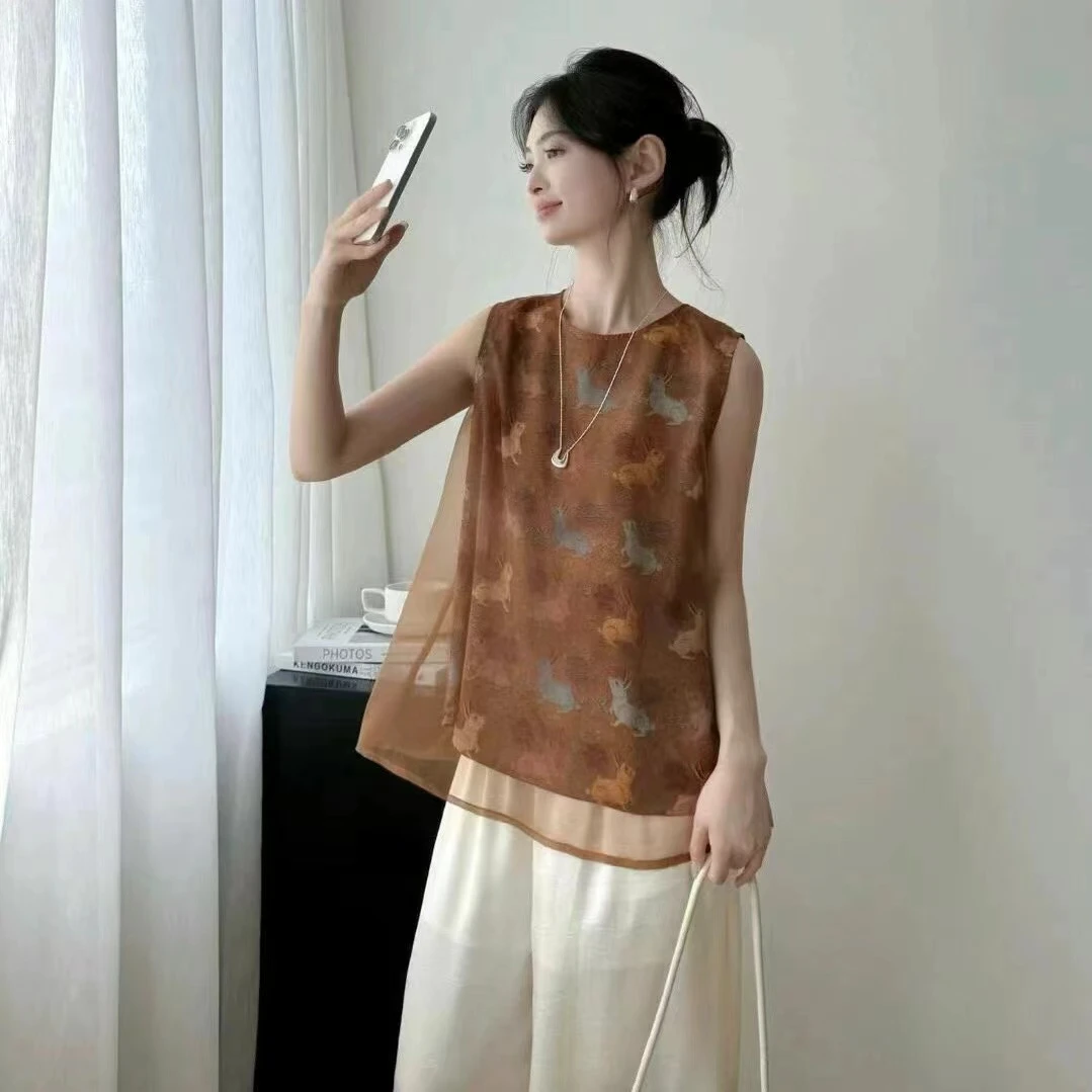 【兔子瑶】新中式复古提花兔子套头无袖衬衣百搭上衣小A版