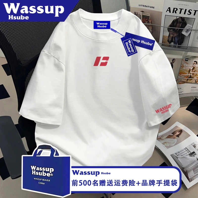 WASSUP HSUBE创意字母印花T恤ins男女新款上衣夏100%纯棉白色短袖