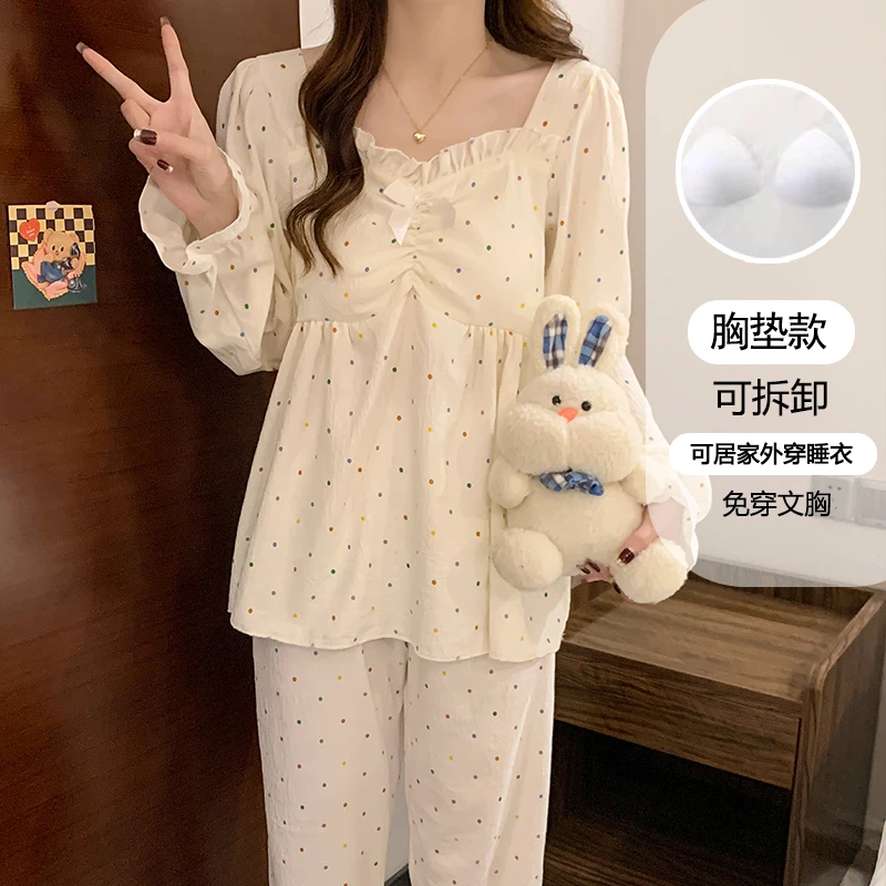 睡衣女长袖长裤款春秋季薄款带胸垫公主风甜美女士家居服套装1035