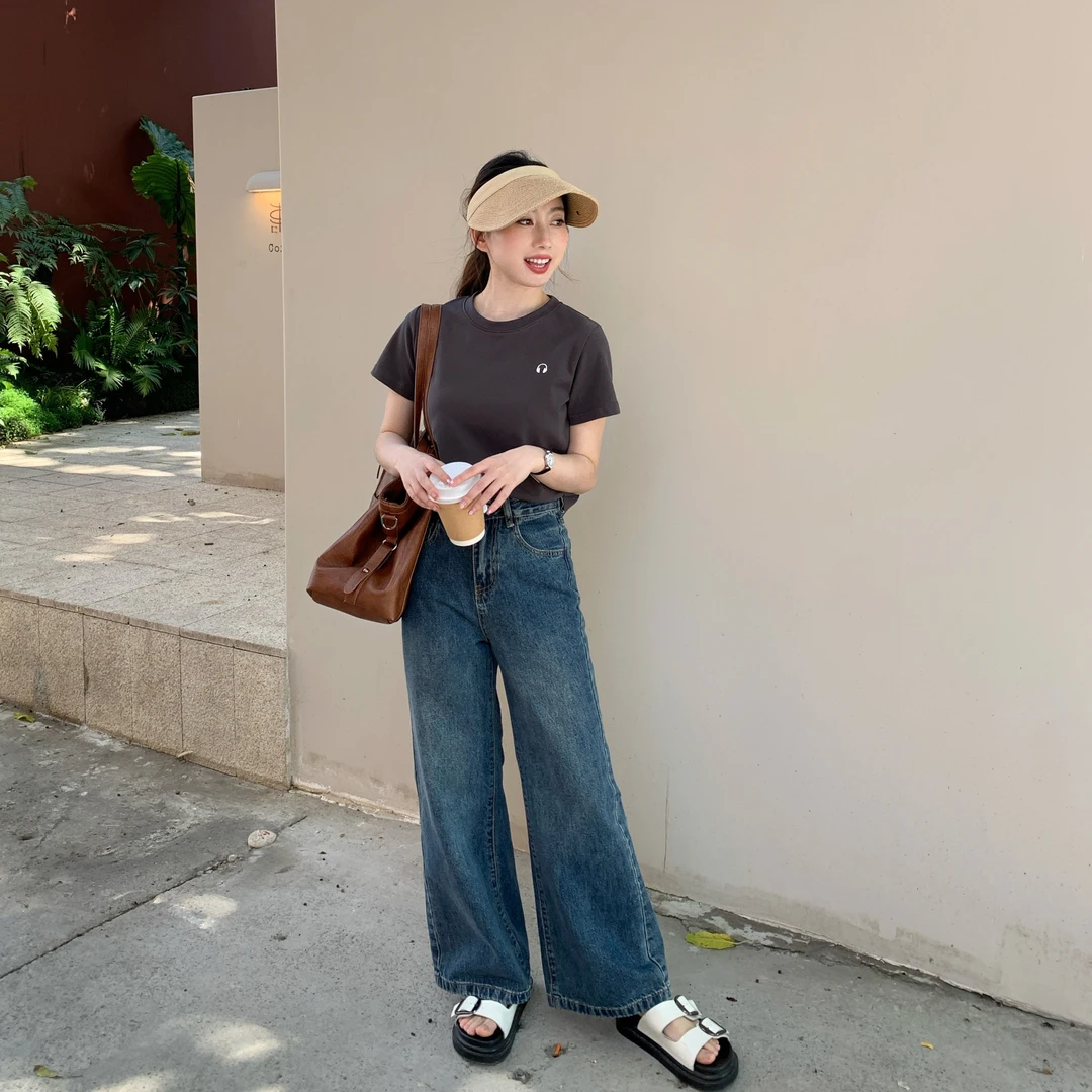 心蓝家 假日牛仔裤/ 好穿!超时髦藏肉复古蓝高腰阔腿牛仔裤小个子