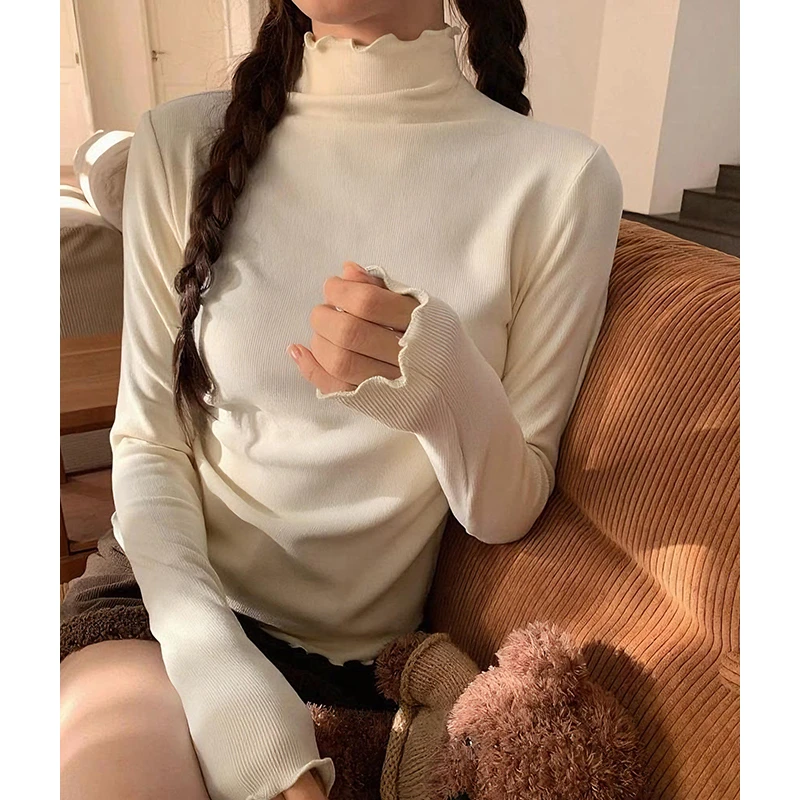 翰代维半高领长袖T恤女秋冬新款内搭木耳边修身显瘦纯色打底上衣