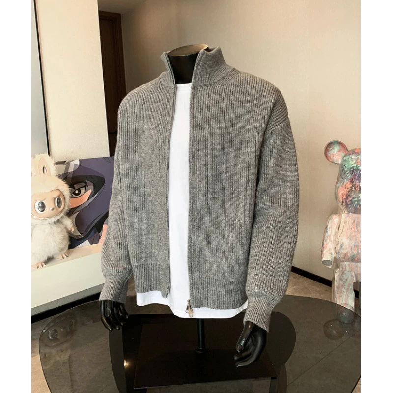 灰色拉链毛衣男款秋季宽松慵懒风针织开衫高级感休闲百搭立领外套