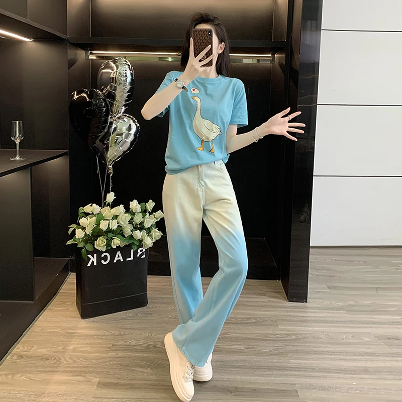 夏季可爱风印花宽松短袖T恤套装显瘦减龄韩版气质高腰直筒牛仔裤