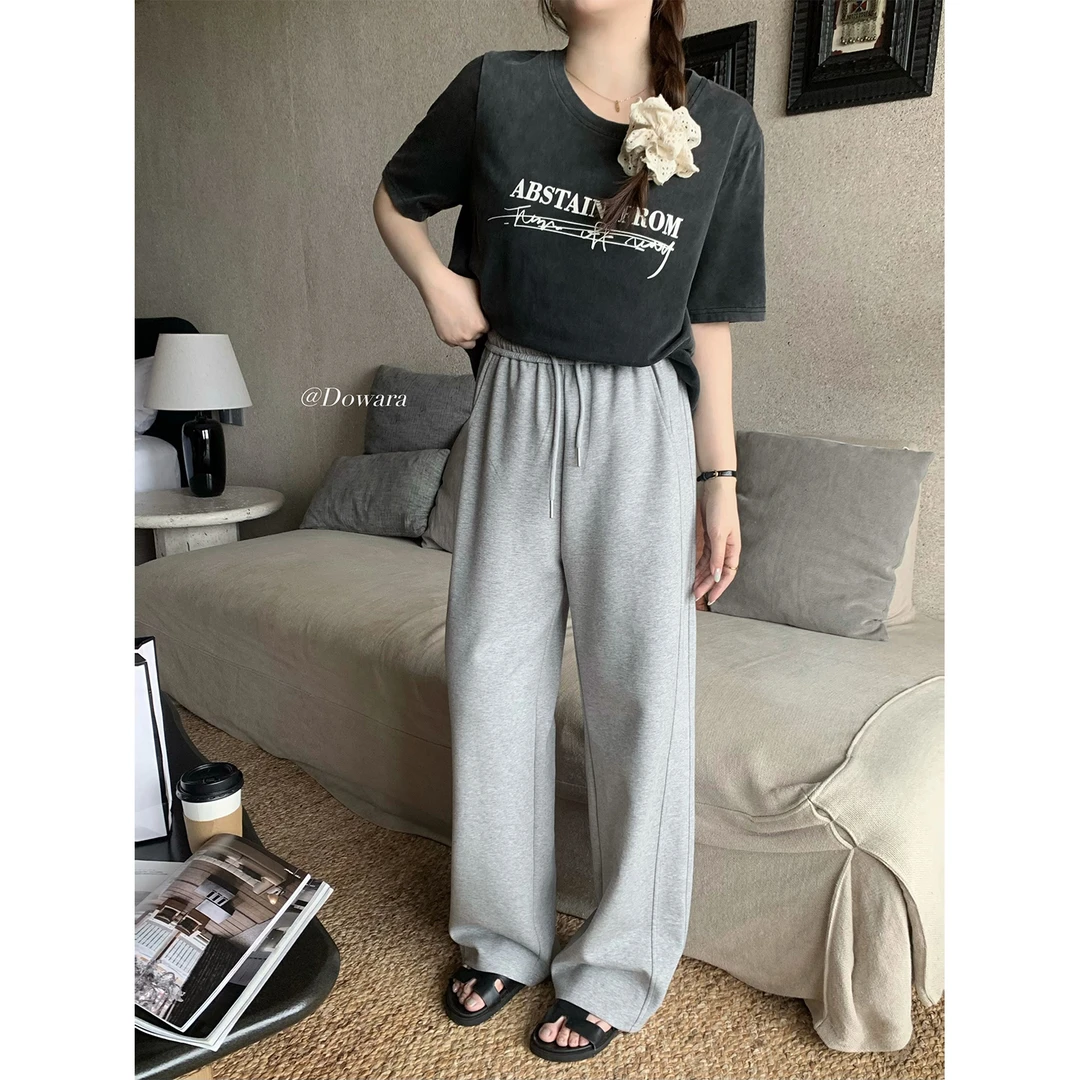 现货6464D大婉酱微胖定制韩系纯色简约休闲裤春季高腰直筒阔腿裤