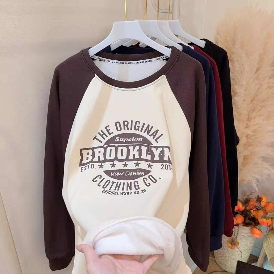 胖胖家*90015新款插肩袖加绒字母百搭显瘦卫衣