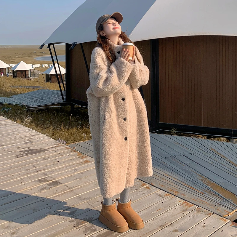 米色韩版单排扣羊羔毛外套女冬季新款立领中长款过膝皮毛一体大衣