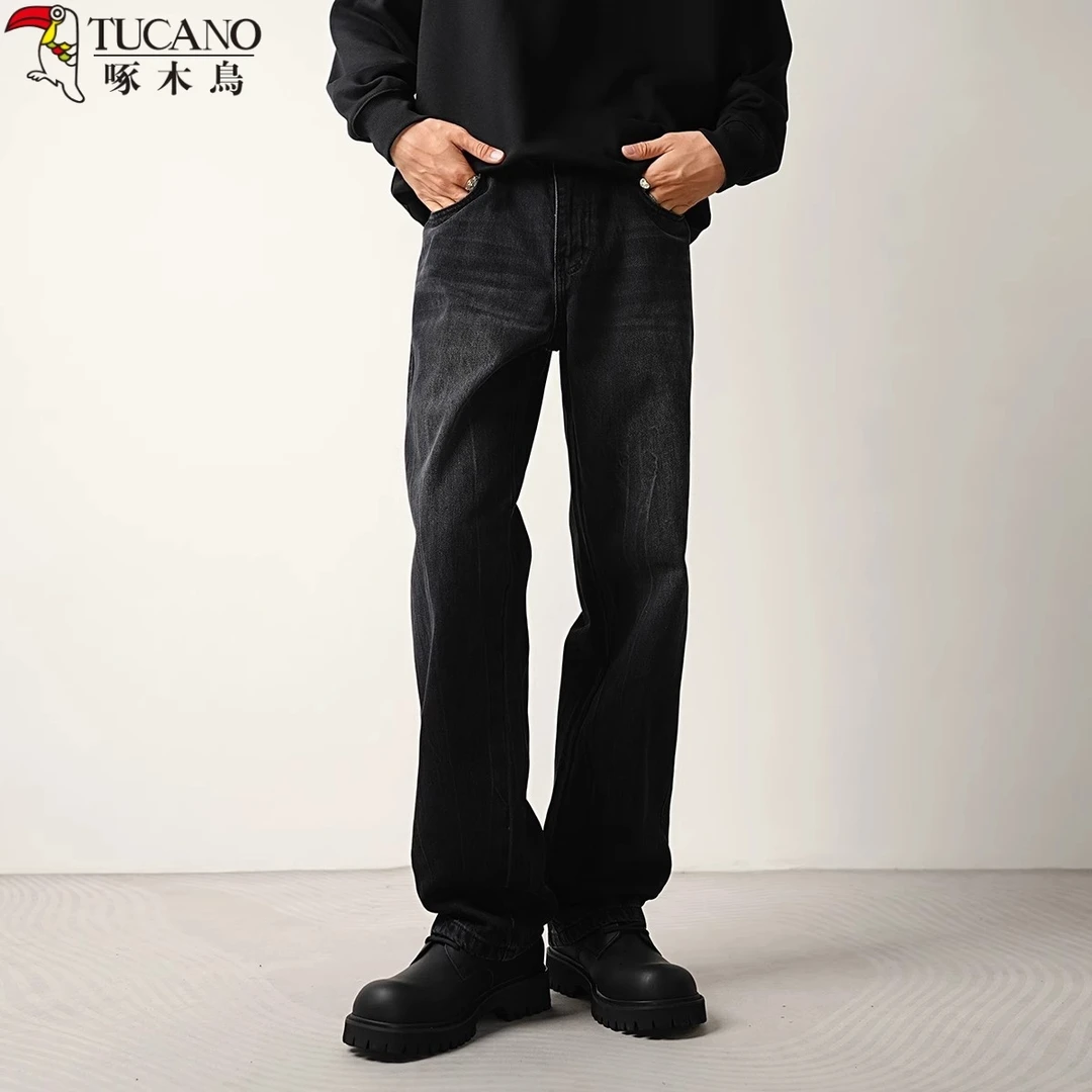 啄木鸟黑色阔感直筒牛仔裤男潮牌春秋新款水洗宽松百搭休闲长裤子