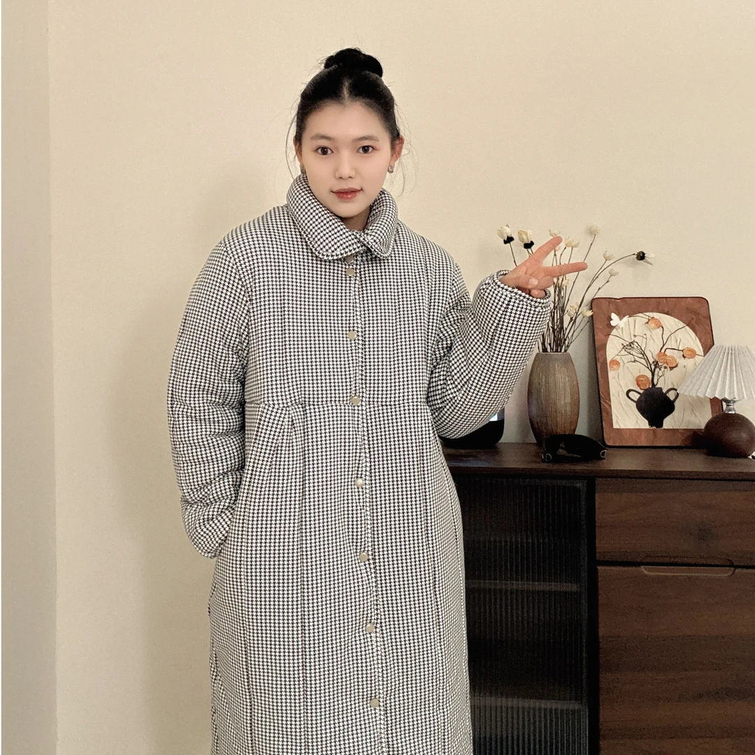 300g新疆棉【千鸟格立领】A版大长款家居服睡衣棉衣棉服小碎花棉