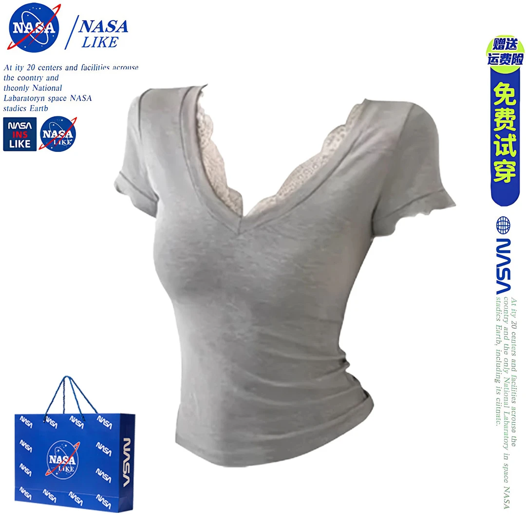 NASA纯欲甜辣妹蕾丝拼接V领正肩短袖T恤女夏季设计感修身收腰上衣