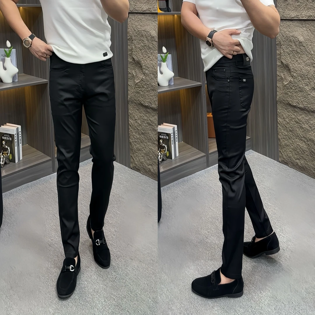 1610男士夏季薄款商务休闲裤修身小脚裤光滑亮面裤子百搭黑色长裤