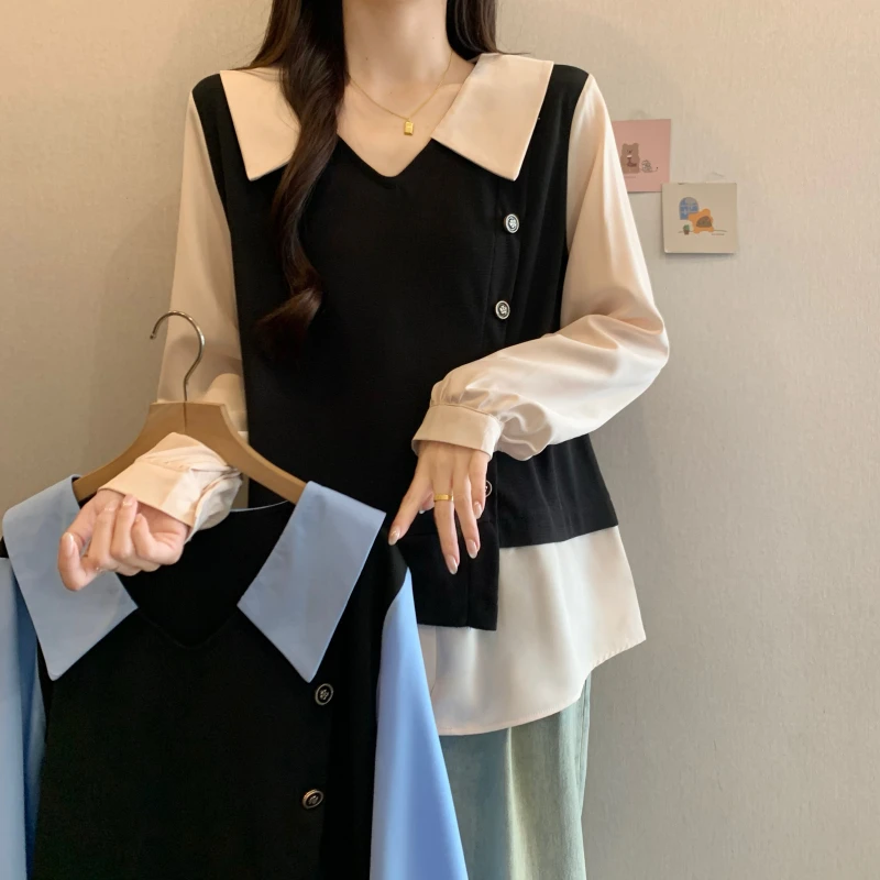 9809胖MM娃娃领撞色拼接假两件显瘦遮肚宽松设计感衬衣