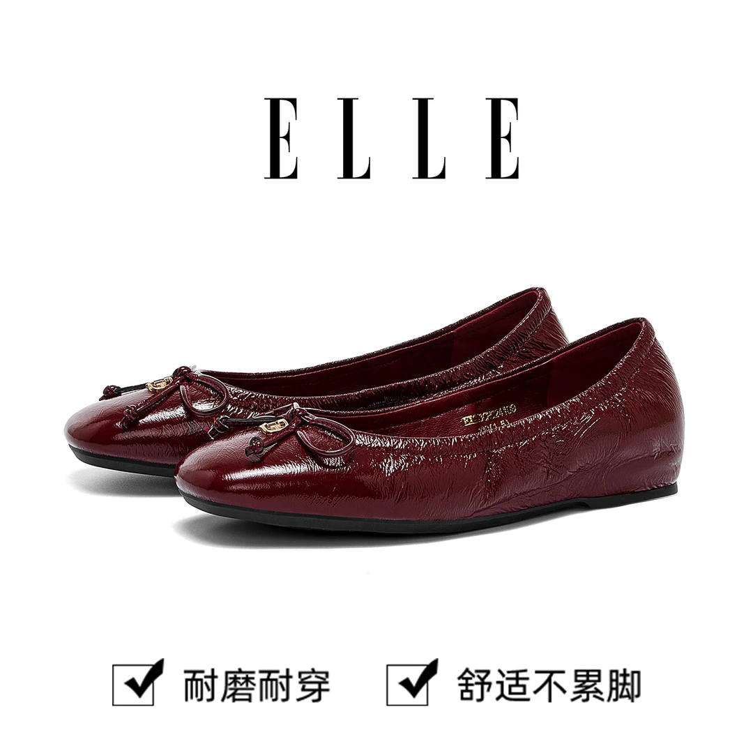 ELLE法式蝴蝶结浅口单鞋女芭蕾风气质一脚蹬瓢鞋酒红色柔软平底鞋