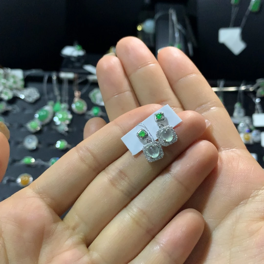 翡翠戒指银S925镶嵌耳钉