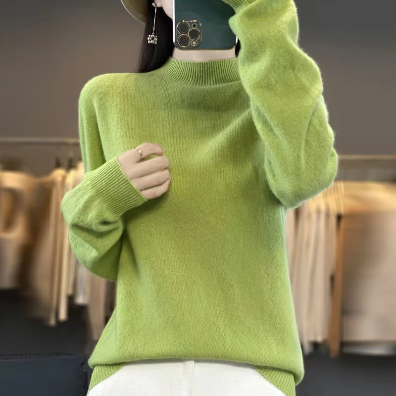 一线成衣100%羊毛衫半高领宽松长袖针织羊毛衫软糯亲肤时尚百搭