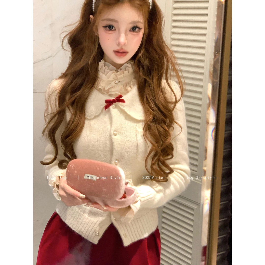 Lazy Didi柔光回忆 娃娃领开衫甜美蝴蝶结软糯针织衫