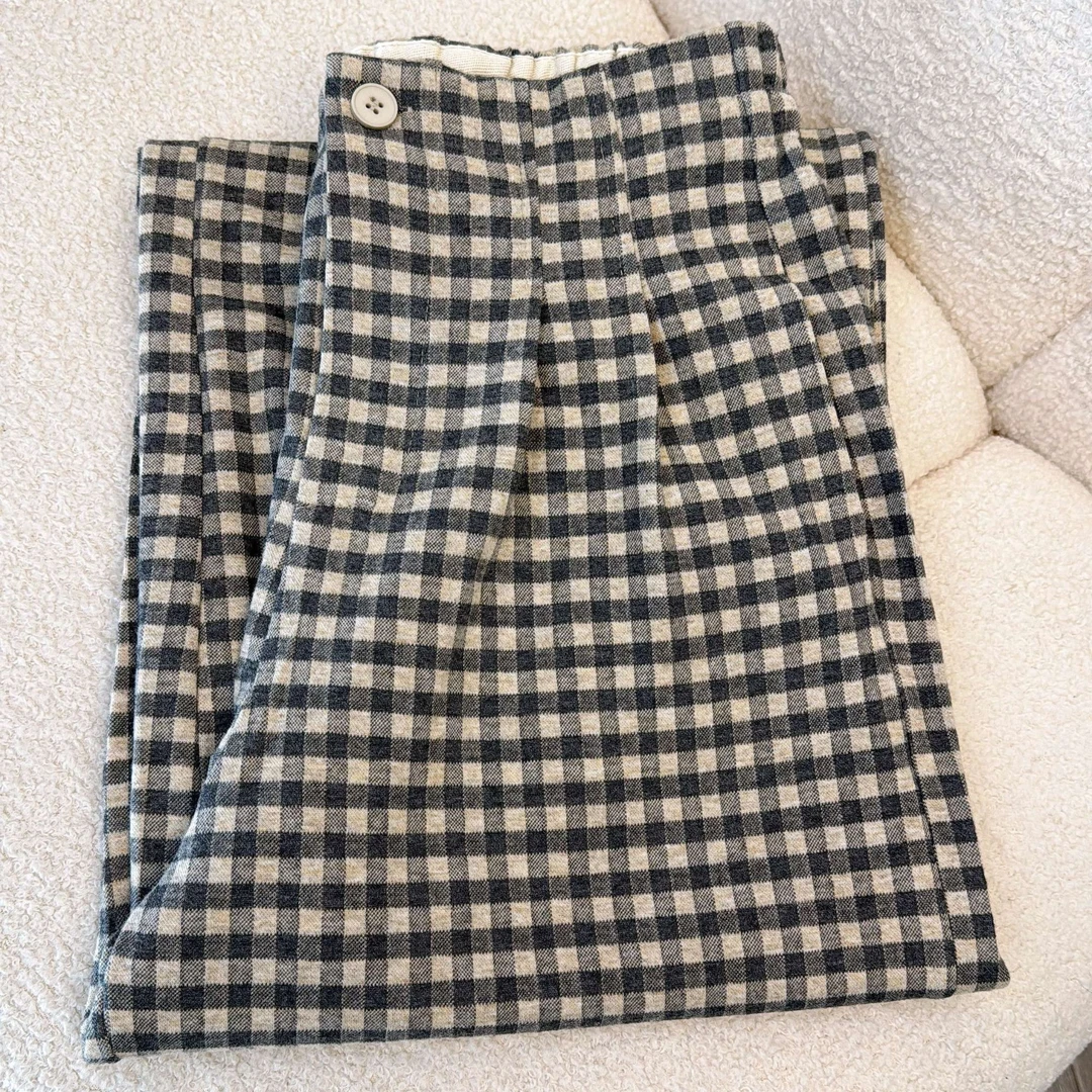 2025春季新款复古格子裤女半松紧垂感宽松百搭显瘦经典阔腿裤