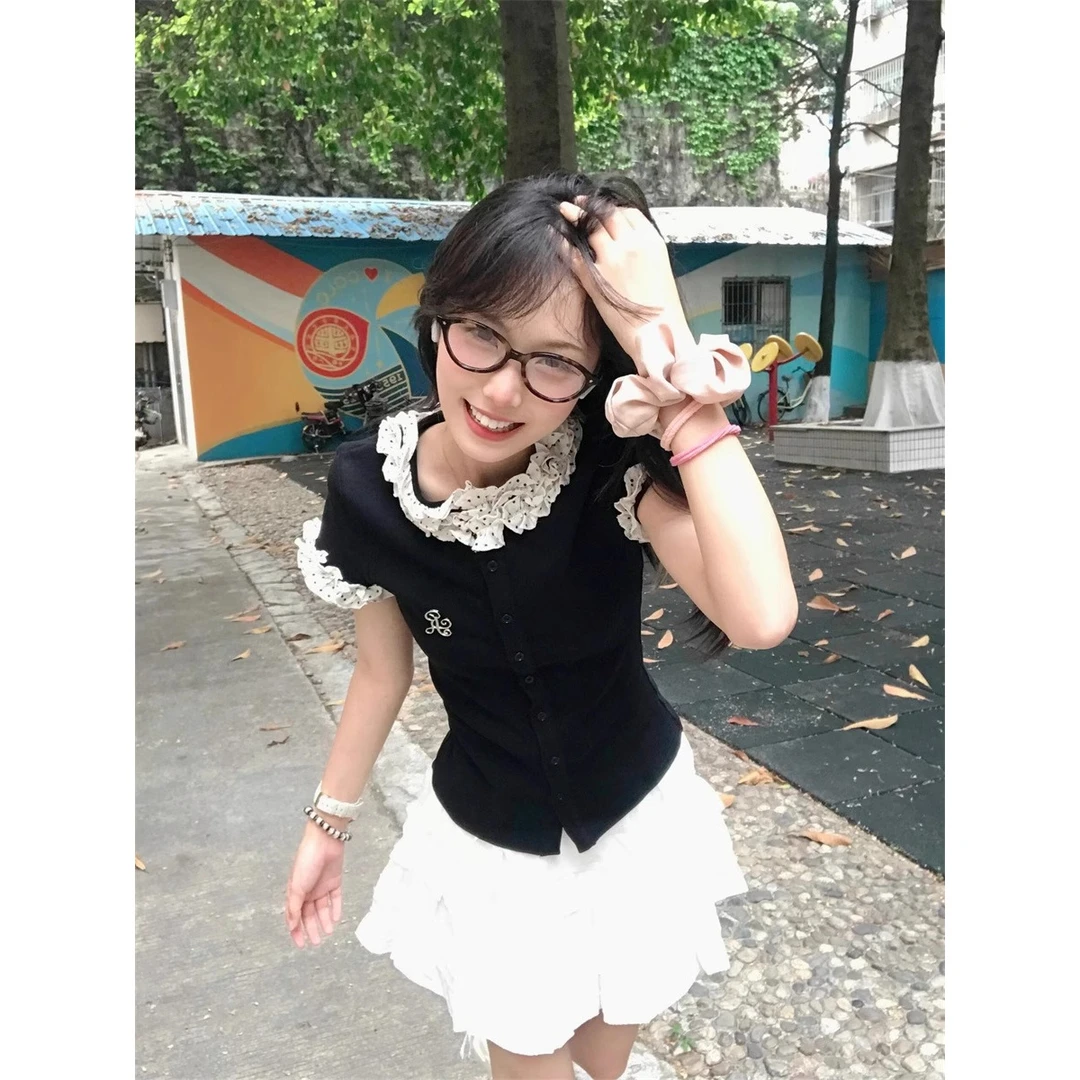 撞色波点短袖T恤女夏季辣妹修身显瘦短款开衫上衣