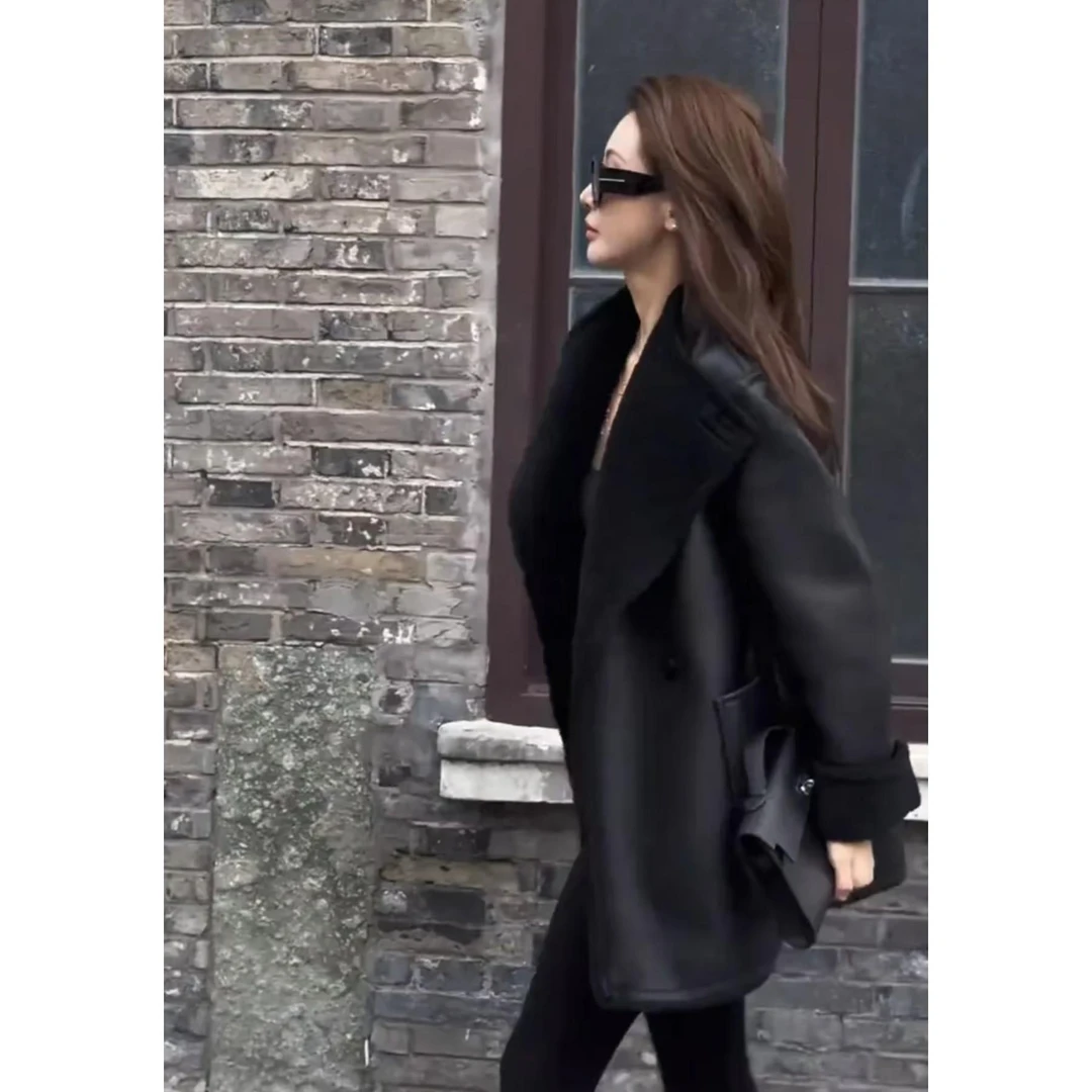 2025秋冬新款双面穿皮毛一体设计感中长款洋气百搭宽松PU皮外套