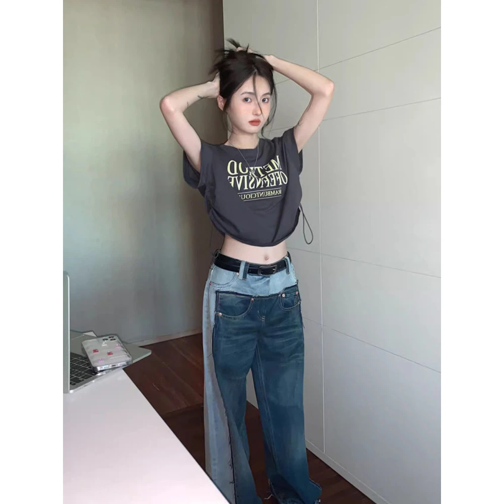 美式复古抽绳不规则短袖t恤夏季女夏设计感小众正肩宽松短款上衣