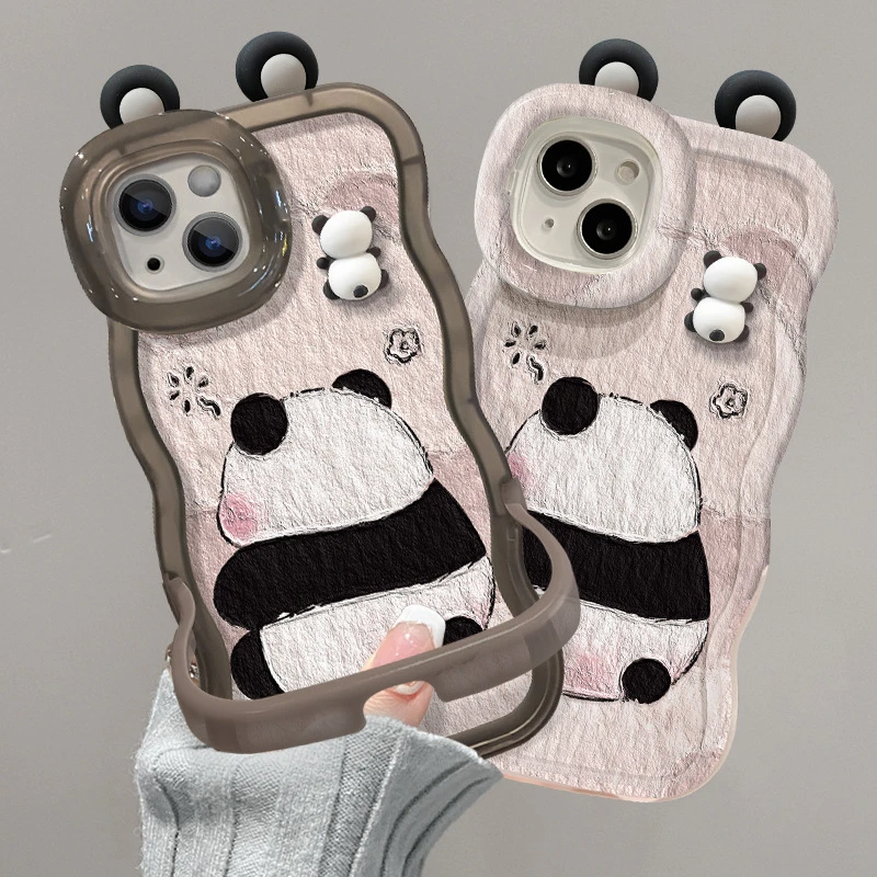适用苹果15手机壳iPhone17promax肌理画熊猫公仔16隐形双支架14女