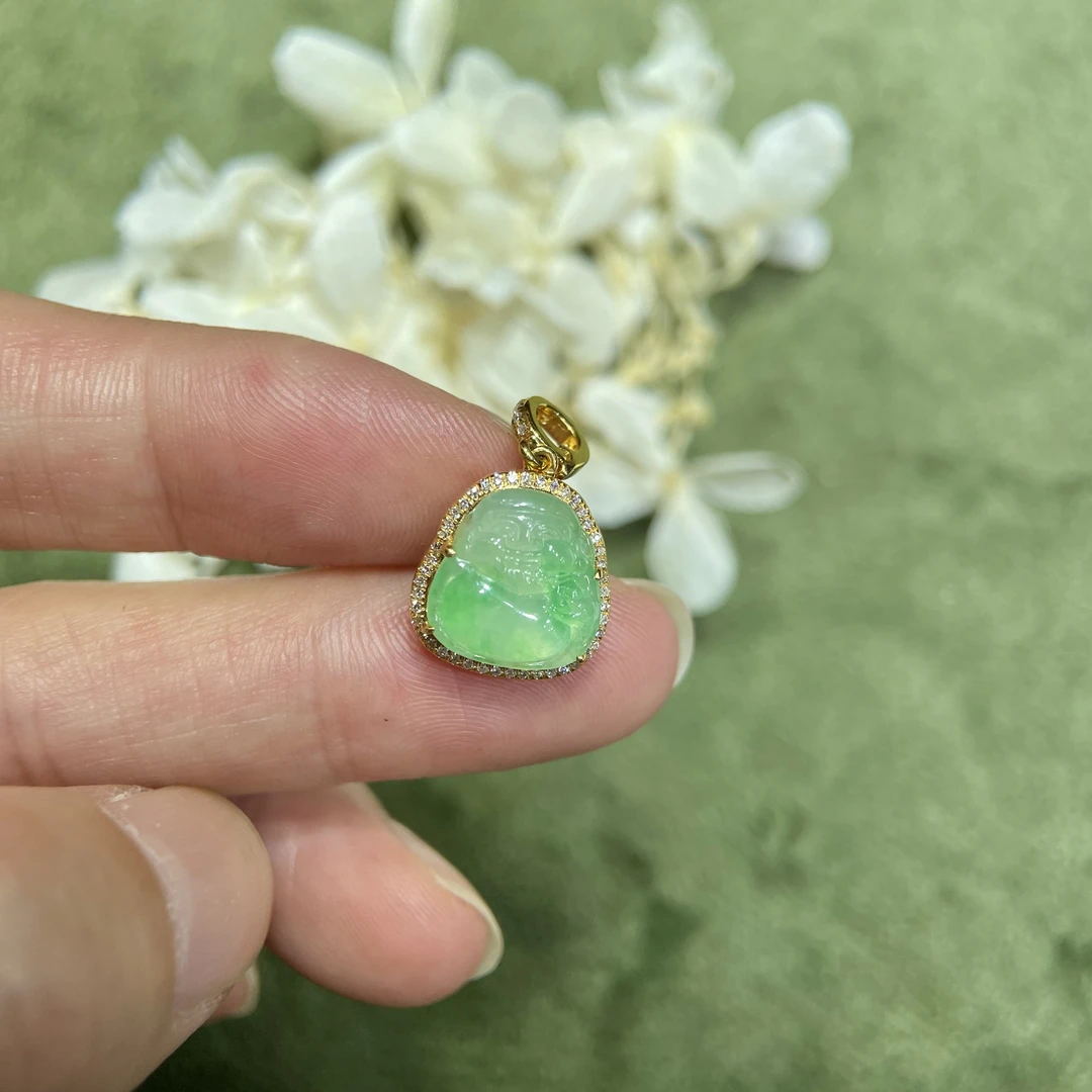 天然A货翡翠高冰种飘花财神爷吊坠18k金南非真钻镶嵌项链精美款