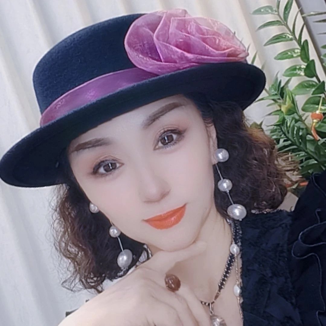 【尚雅美】时尚洋气减龄真丝欧根纱花平顶帽