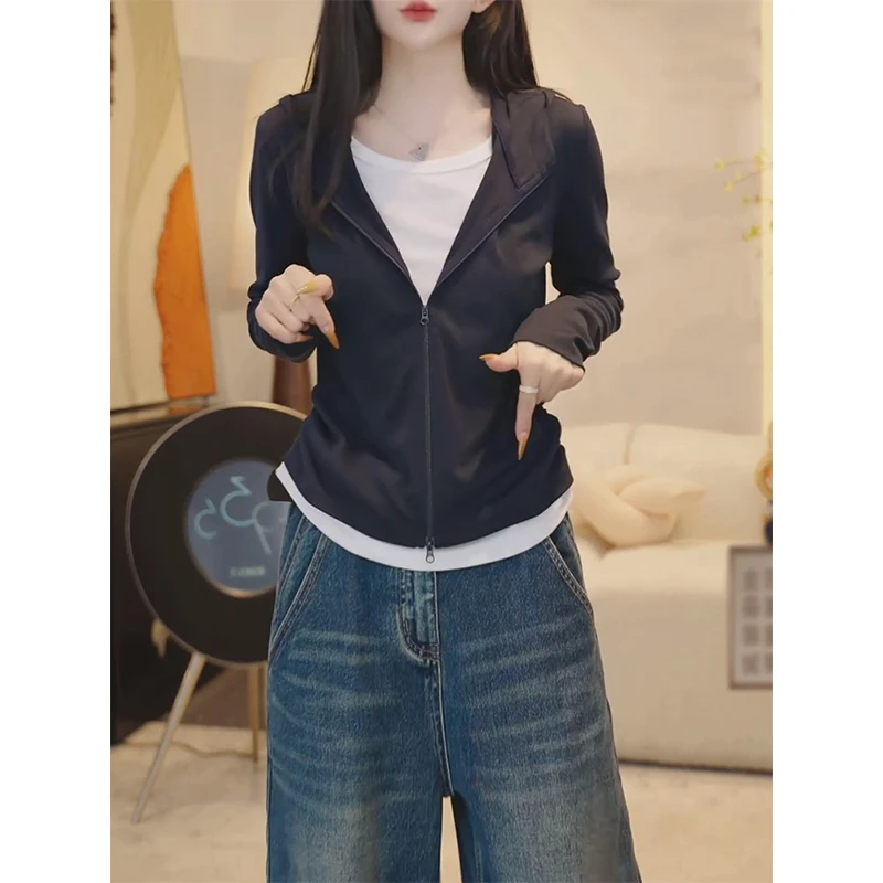 拼色连帽假两件长袖打底衫上衣女春秋新款时尚洋气修身显瘦T恤潮