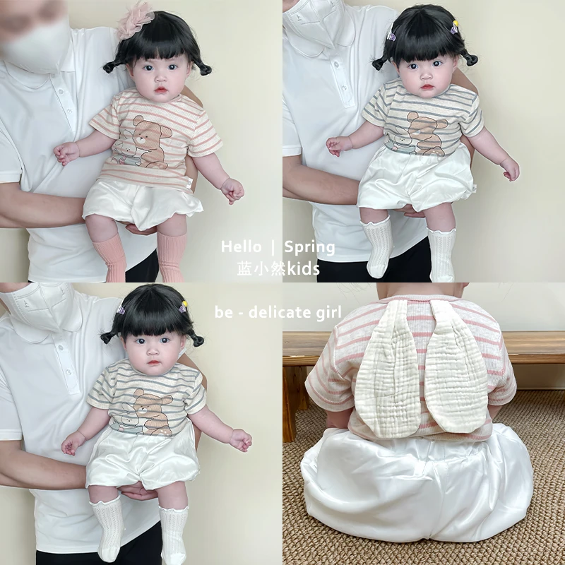 K25X77儿童洋气条纹短袖兔耳朵女童夏季小童韩版卡通可爱外出穿搭