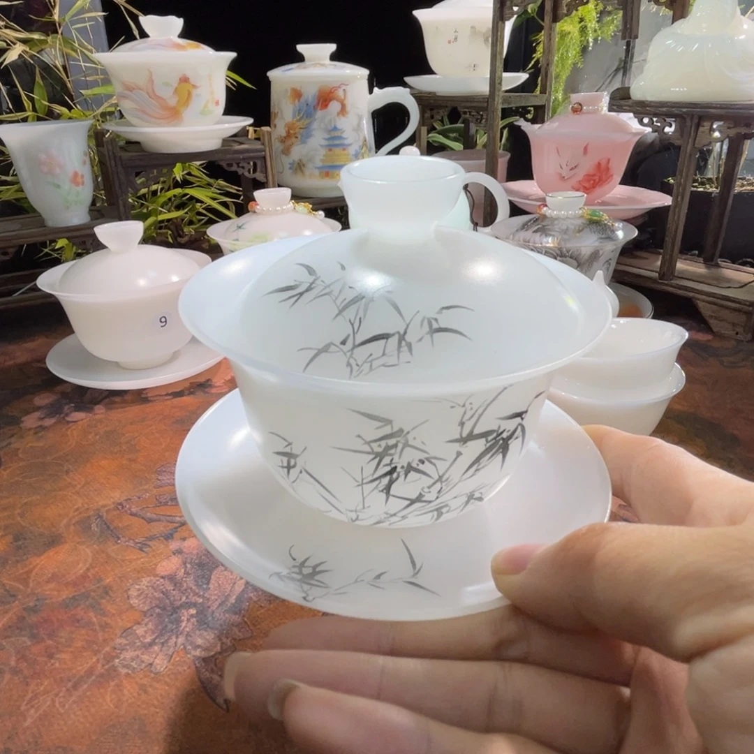 冰晶璞玉素烧手绘墨竹三才元宝