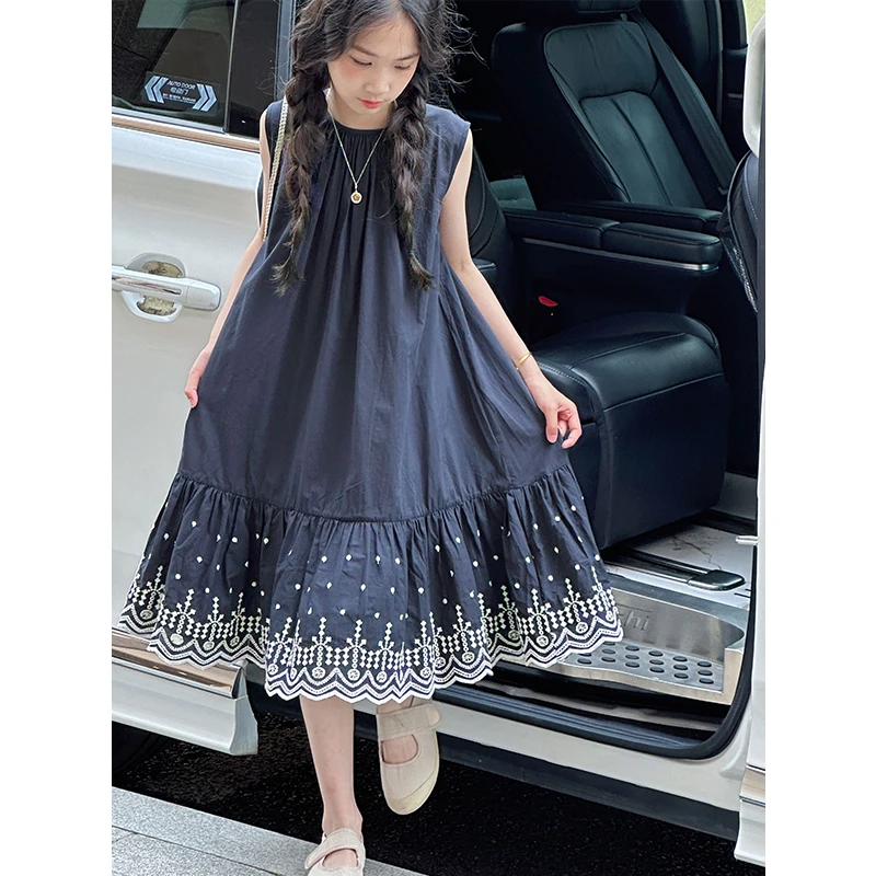 K28884复古重工女童连衣裙2025夏装新款儿童休闲背心裙子气质长裙
