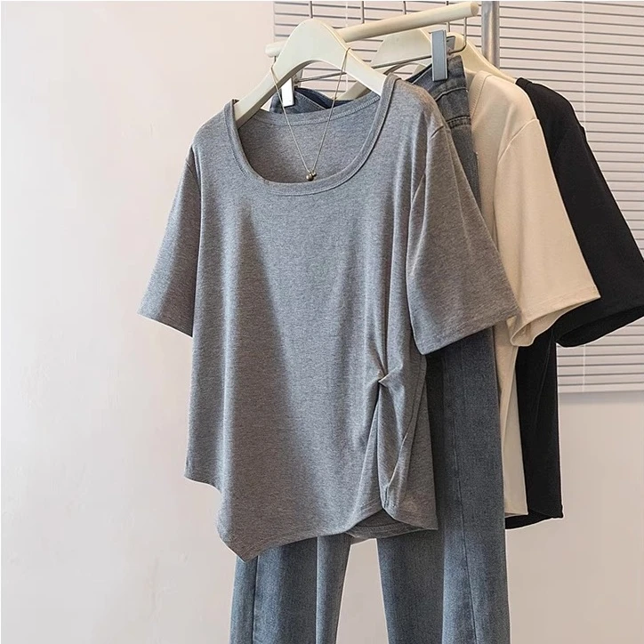 大码灰色短袖正肩t恤女装2025夏季新款胖mm不规则显瘦遮肚子上衣