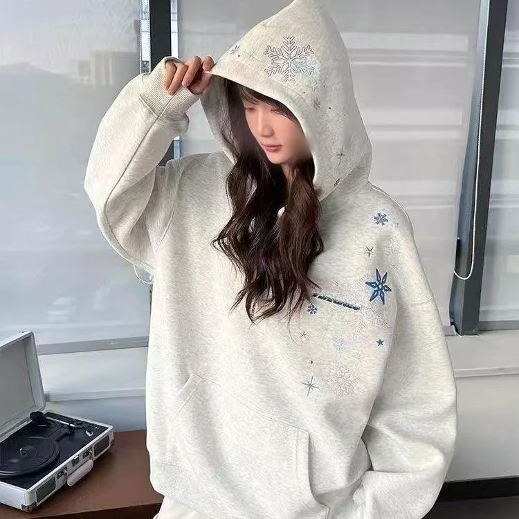雪花刺绣卫衣女装百搭带帽欧美风秋冬薄款加绒加厚慵懒风小众新款