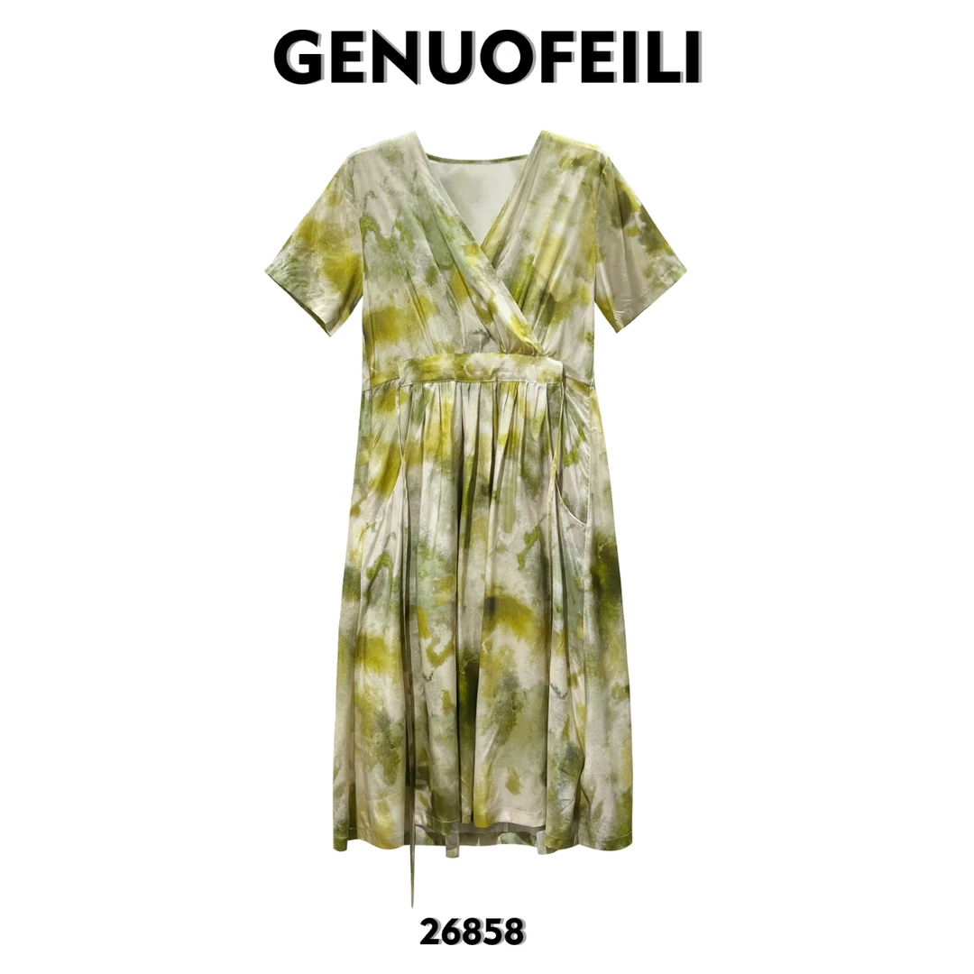 【Valkyvia/悠悠奢品】V领收腰显瘦短袖连衣裙时尚舒适优雅裙子女士