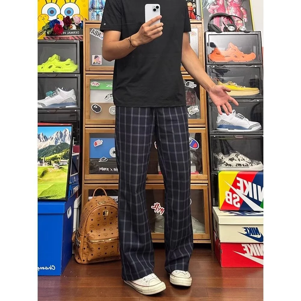 美式格子复古裤子休闲裤2025夏季薄款宽松直筒弯刀