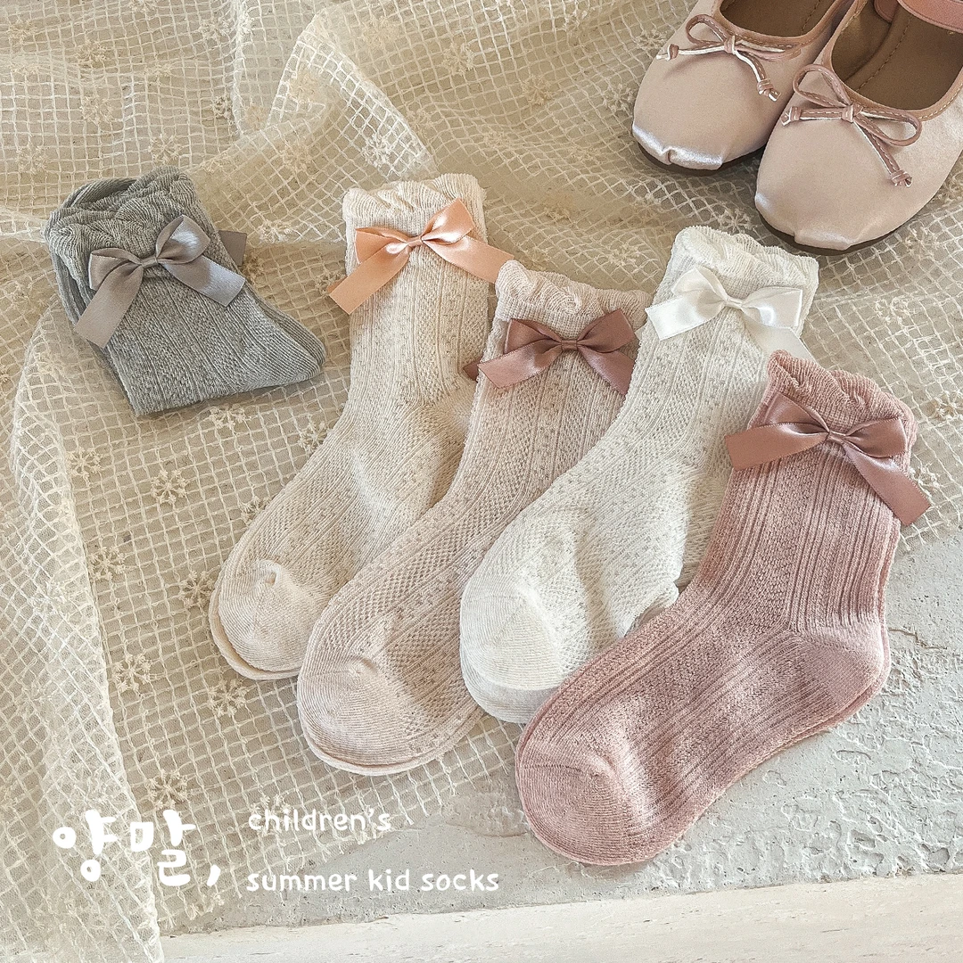 女童袜子春夏季薄款网眼袜儿童公主蝴蝶结花边配皮鞋可爱女孩棉袜
