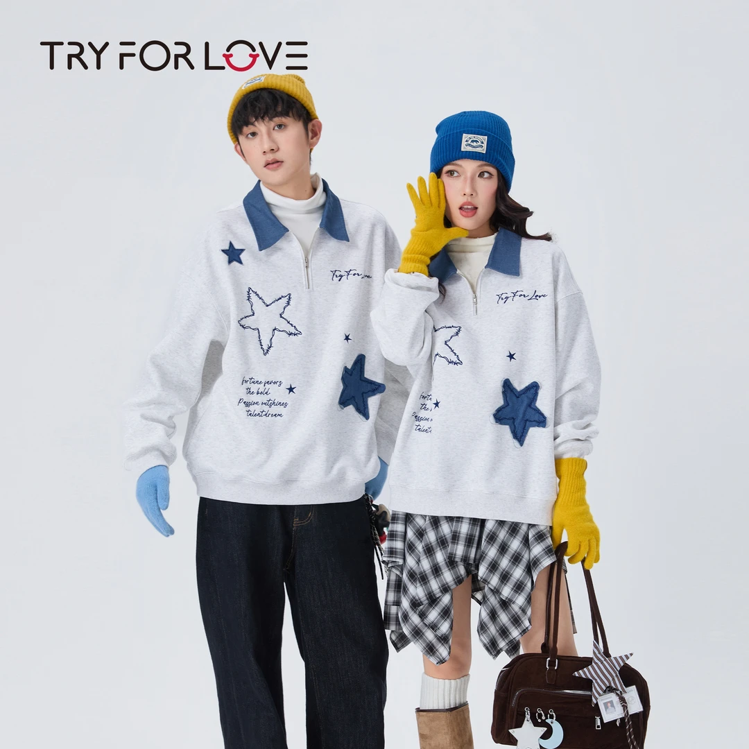 TRYFORLOVE秋季潮流POLO领贴布美式薄款蝴蝶宽松卫衣撞色情侣装