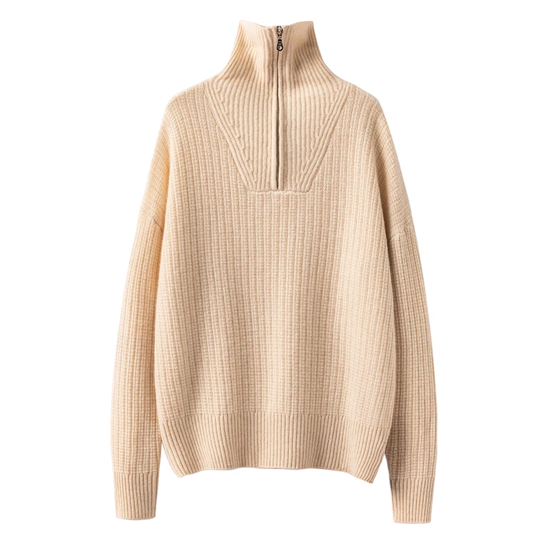 100纯山羊绒半拉链羊绒保暖秋冬翻领休闲纯色半高领加厚毛衣女