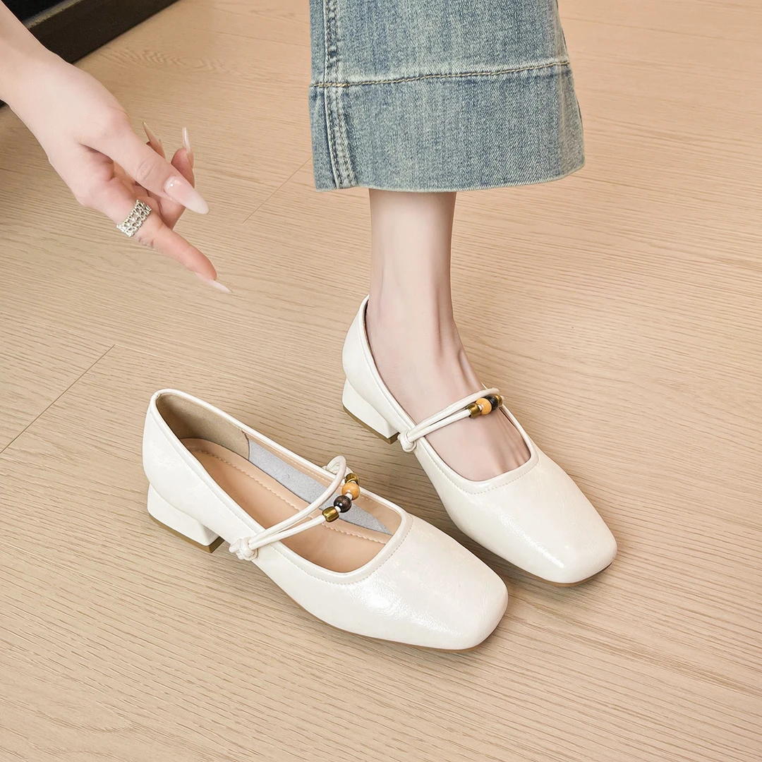 羊皮版~浅口真皮不累脚单鞋女软底法式玛丽珍小皮鞋粗跟大码女鞋