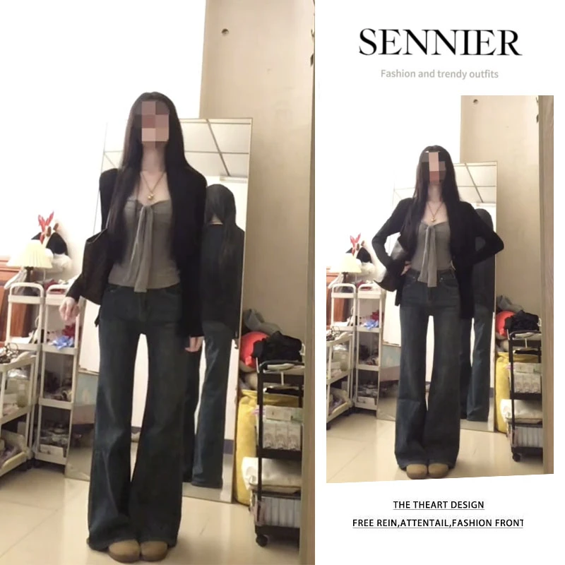 2025新款百搭纯色长袖针织开衫修身绑带抹胸显瘦微喇牛仔裤三件套