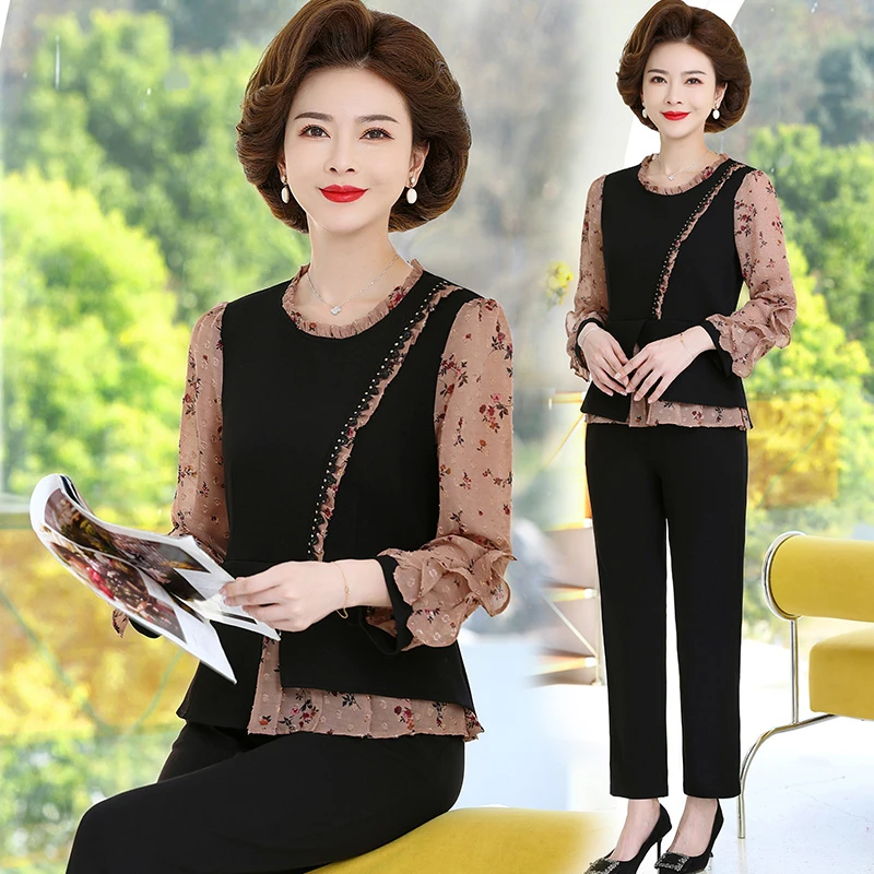 中年妈妈春装洋气套装中年妇女时尚长袖上衣中老年女装春秋两件套